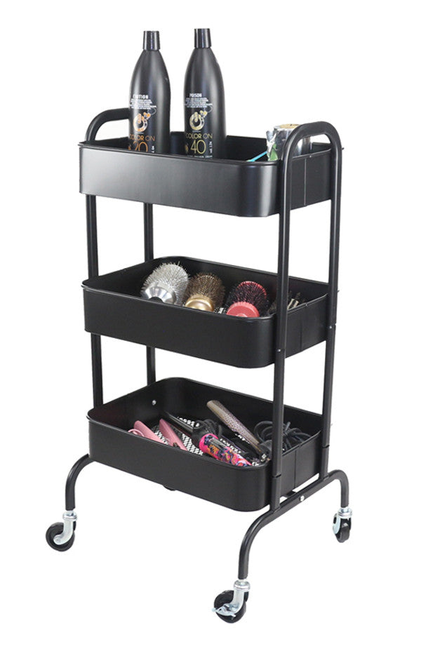 Black Joiken Cupid trolley stocked with professional hair styling tools and salon bottles