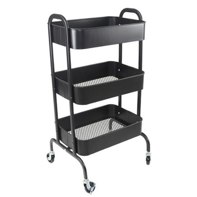 Joiken Cupid black professional hairdressing trolley featuring three mesh flat bottom shelves