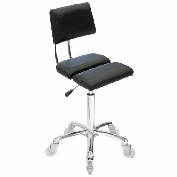 Professional Joiken Dove stool in black upholstery with chrome base and clear rolling wheels