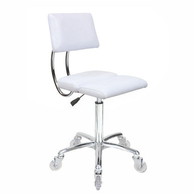 White Joiken Dove salon stool featuring backrest and clear wheels for beauty and hair professionals