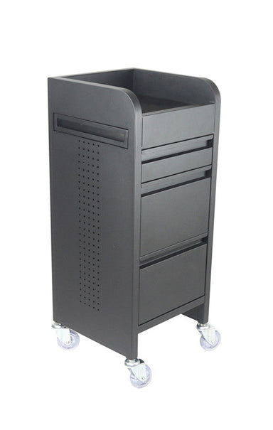 Joiken Fusion 4 drawer steel salon trolley in black with closed drawers and flat top tray