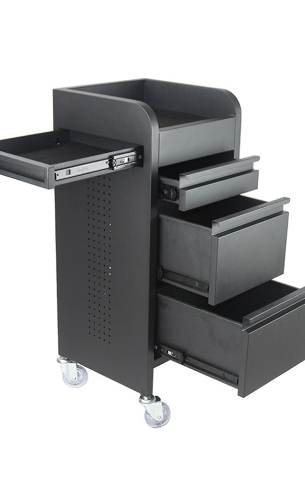 Black Joiken Fusion salon trolley with drawers and side workspace tray extended