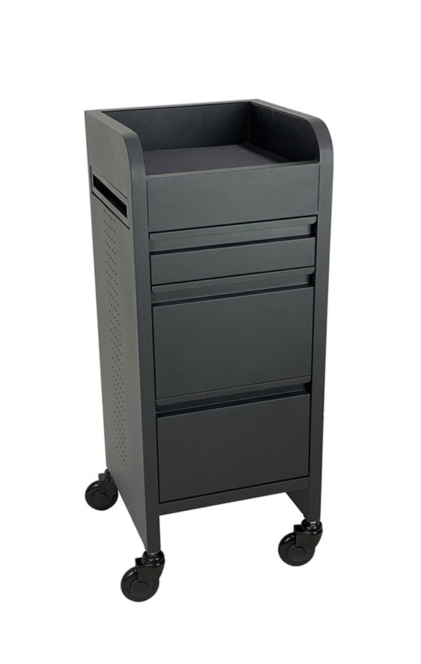 Black Joiken Fusion metal salon trolley featuring Click and Clean castor wheels