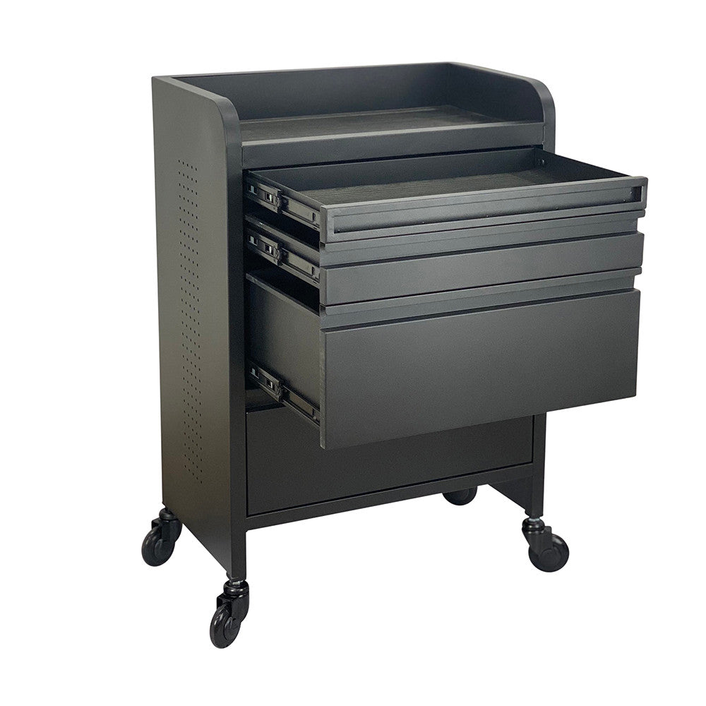 Black Joiken Fusion PLUS hairdressing trolley with three drawers partially open showing steel construction