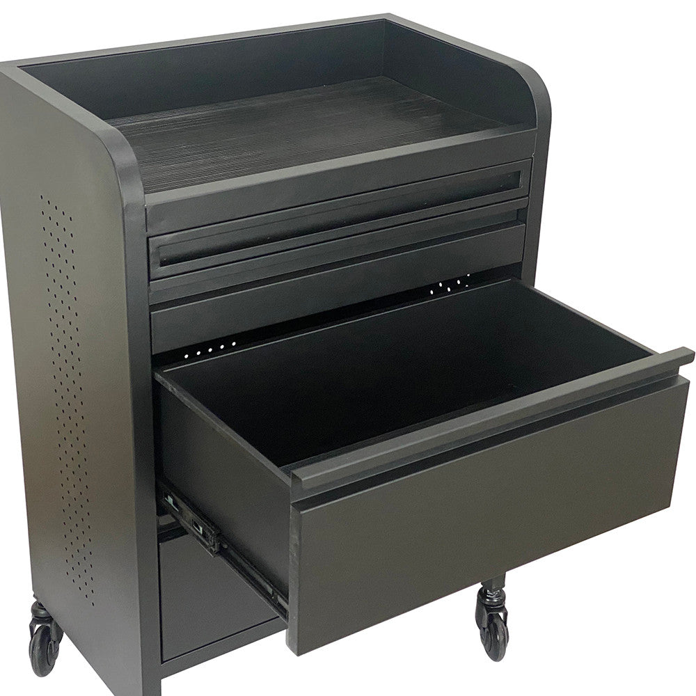 Close up of the deep bottom drawer on the black Fusion PLUS salon trolley