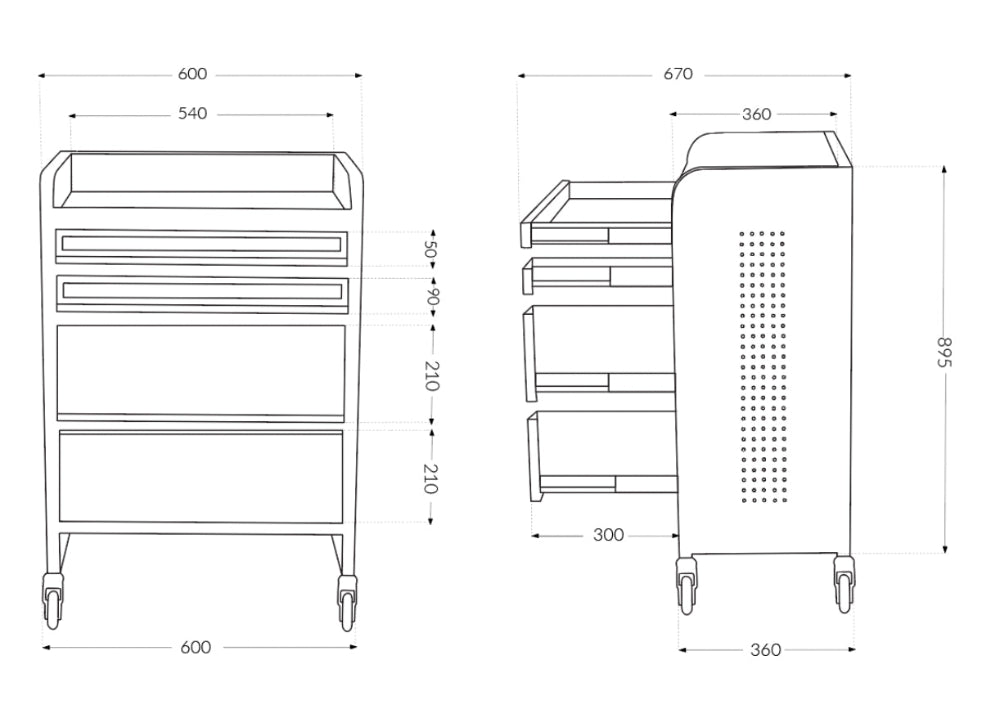 Technical dimensions and size specifications for the Joiken Fusion PLUS 4 drawer trolley