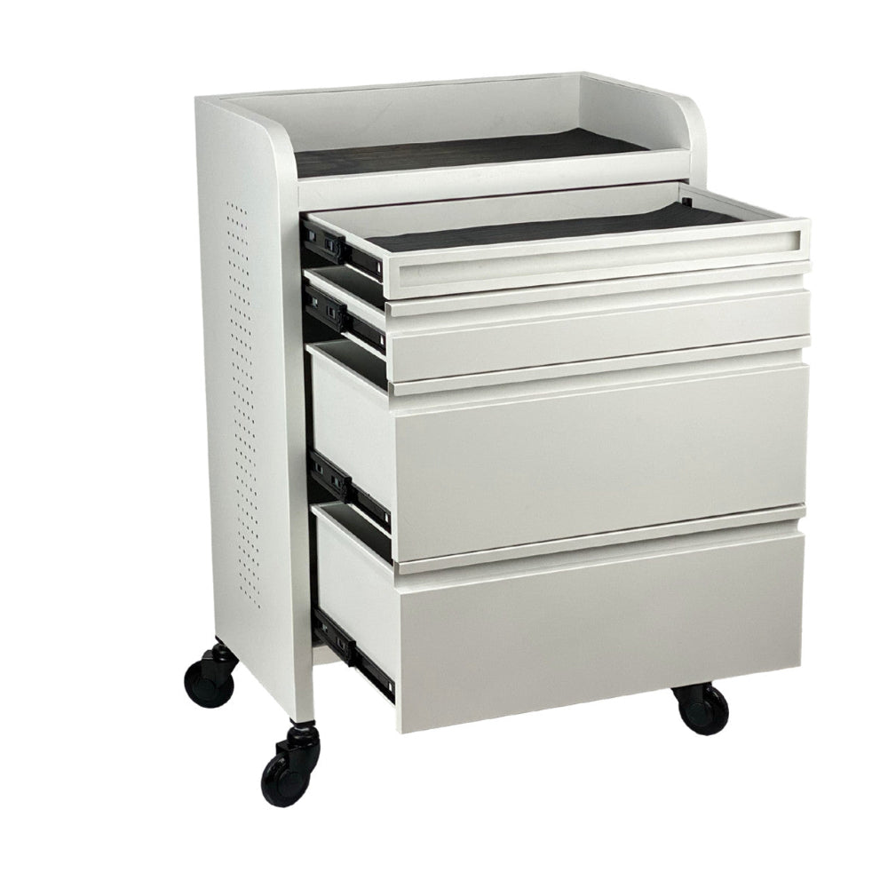 White Joiken Fusion PLUS trolley with all four wider drawers open showing storage capacity