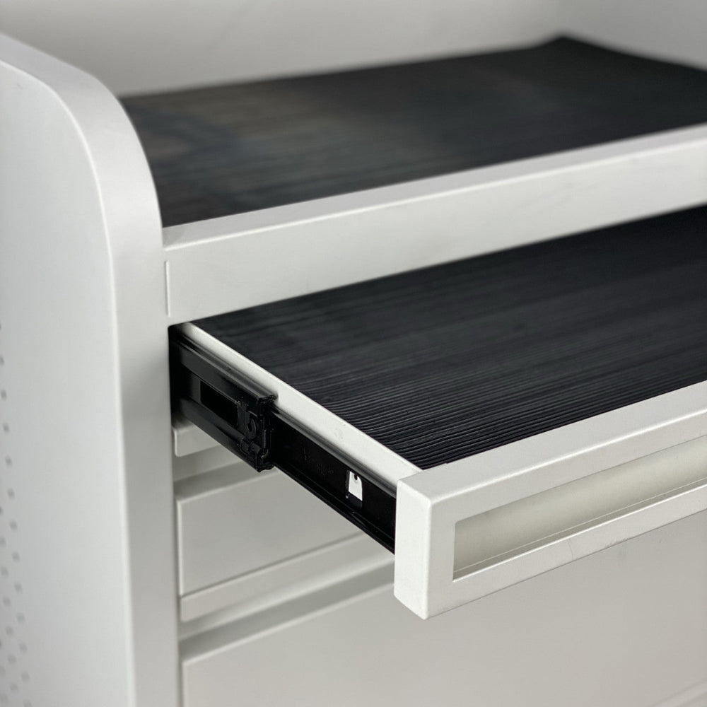 Close up of the white Fusion PLUS trolley showing the removable anti-slip ribbed rubber mat