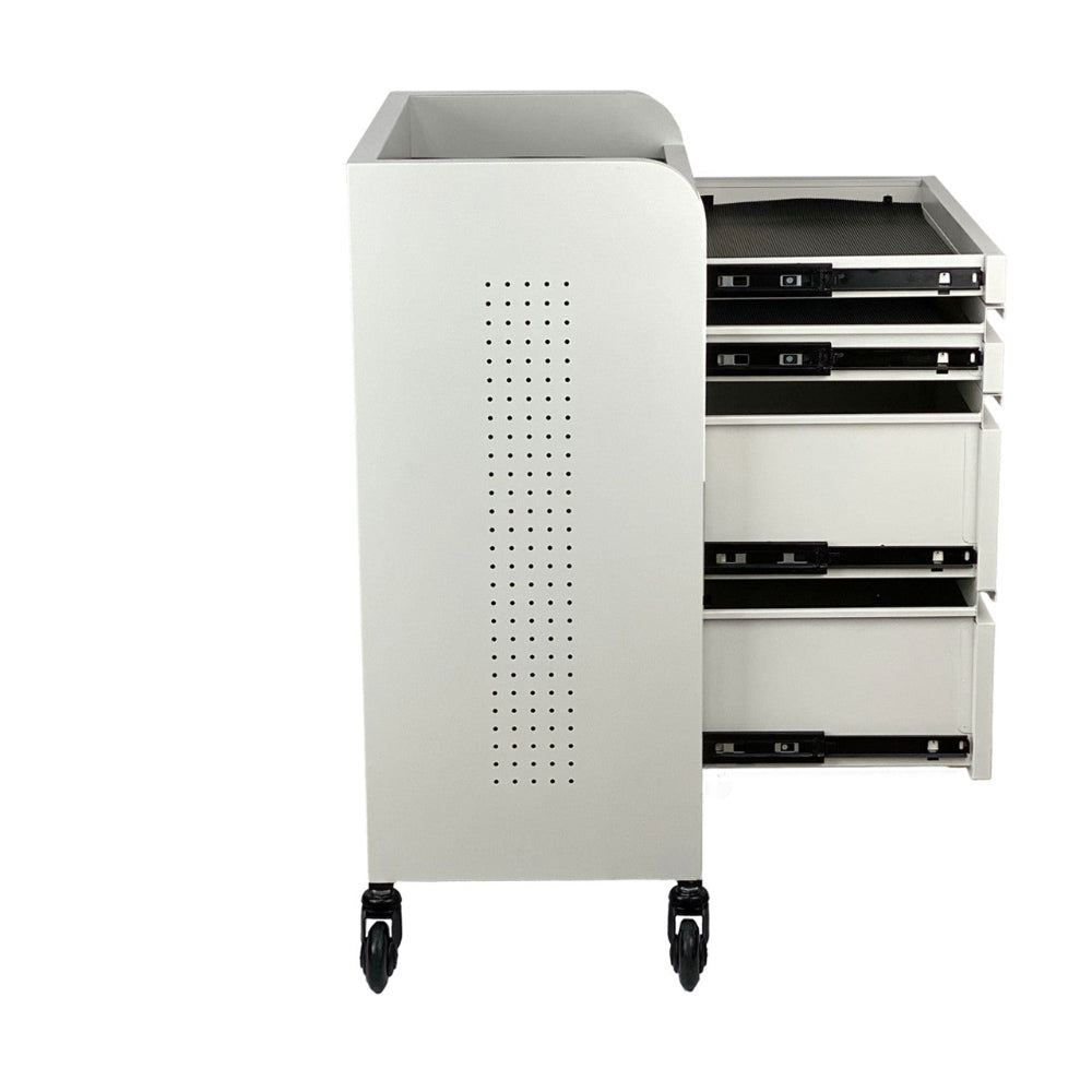 Side view of the white Joiken Fusion PLUS trolley showing perforated side panels and drawers