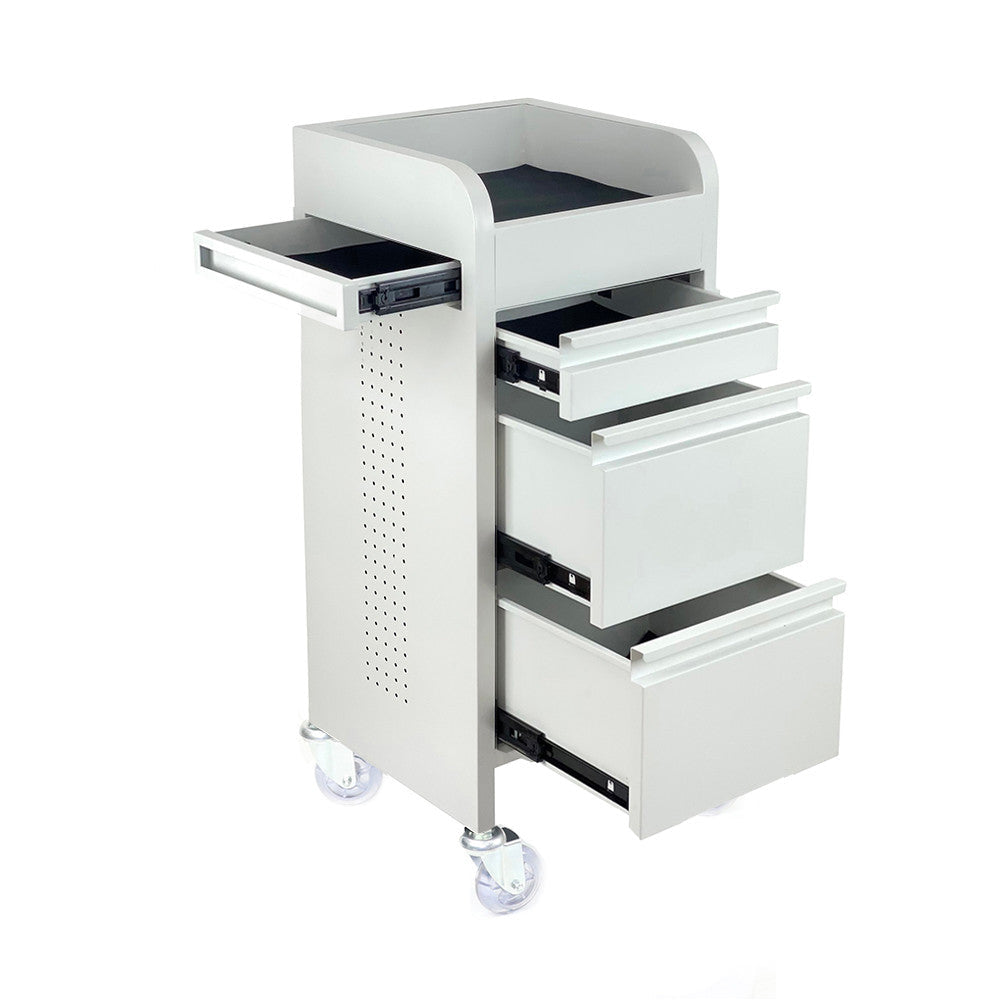White Joiken Fusion metal trolley with open storage drawers and side workspace