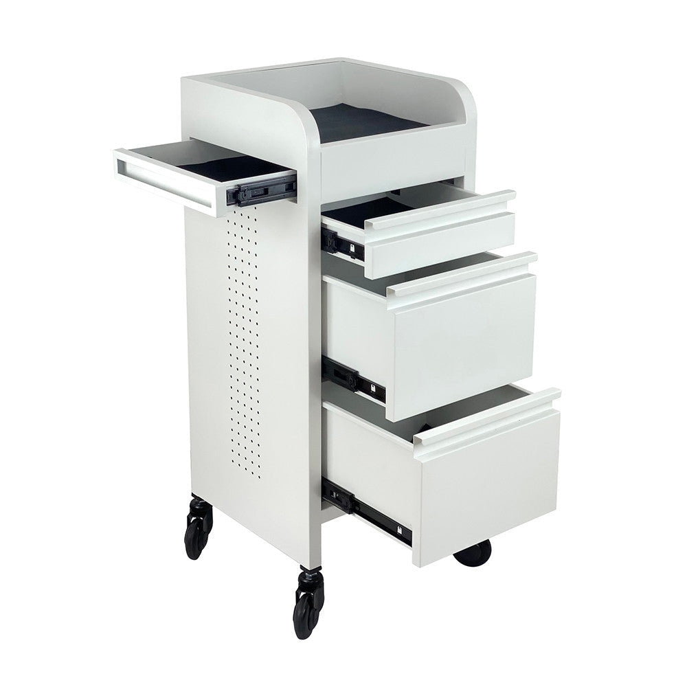White Joiken Fusion salon trolley showing four drawers and slide-out side tray