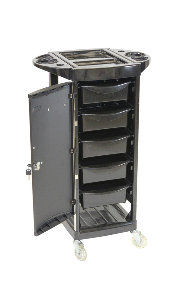 Open view of Joiken Gemini trolley showing five storage drawers and side accessory wings