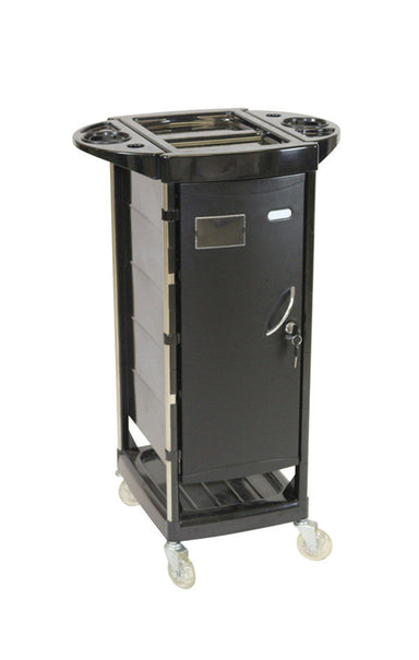 Joiken Gemini professional black hairdressing trolley with lockable door and name card holder