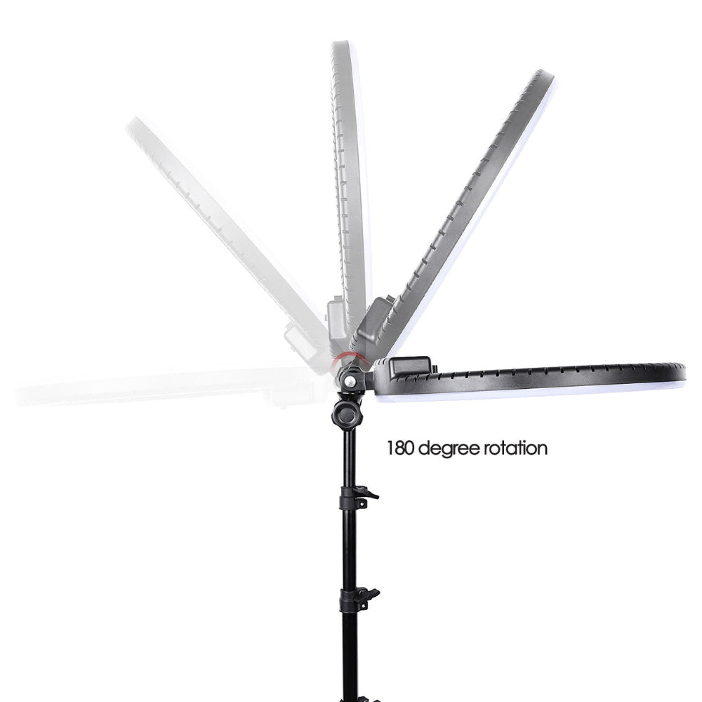 Joiken Goddess LED selfie ring light showing 180 degree rotation capability for salon photography