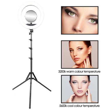 Full kit view of Joiken Goddess ring light with adjustable tripod stand and colour temperature variations