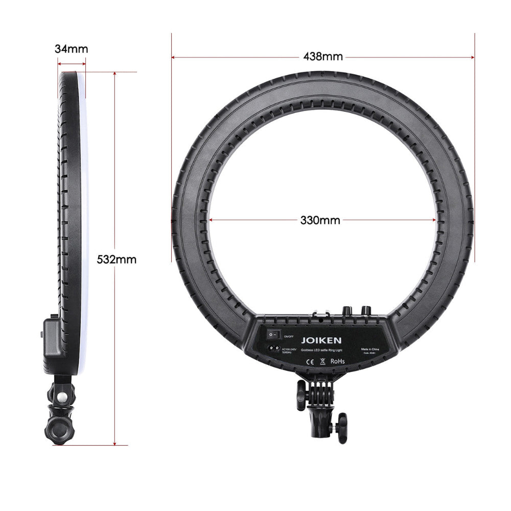 Technical dimensions of the Joiken Goddess ring light showing 438mm outer diameter