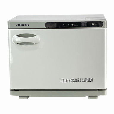 Front view of Joiken white professional hot and cold towel warmer and cooler for salons
