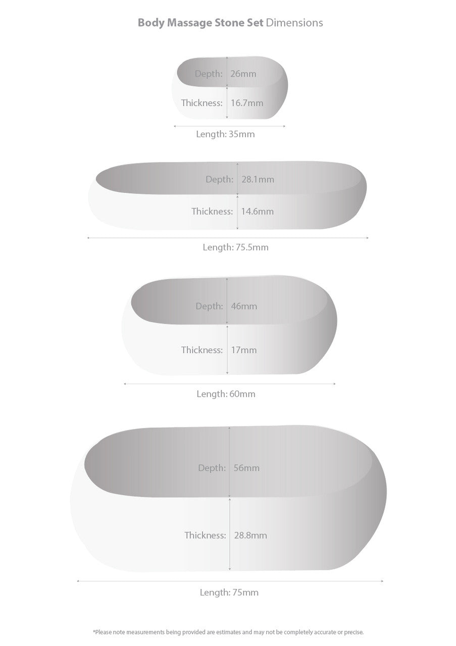 Dimension chart showing the various sizes of the Joiken basalt body massage stones