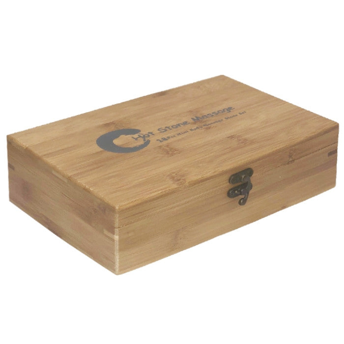 Closed bamboo storage case for the Joiken 28 piece hot stone massage set
