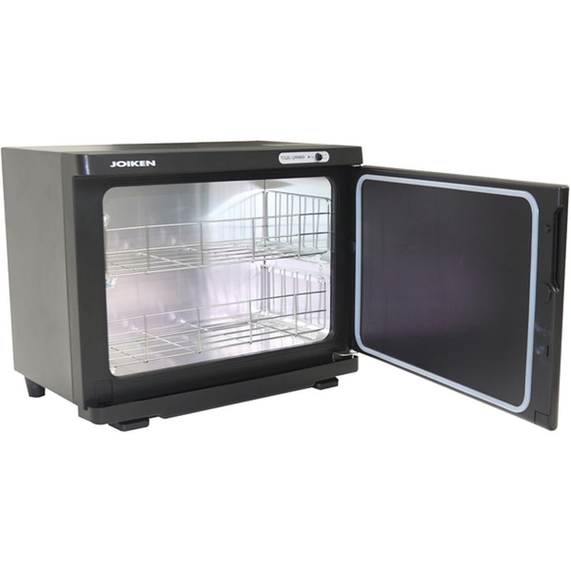 Joiken hot towel cabinet with door open displaying internal shelves