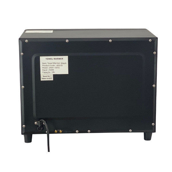 Rear panel of Joiken hot towel cabinet showing specifications