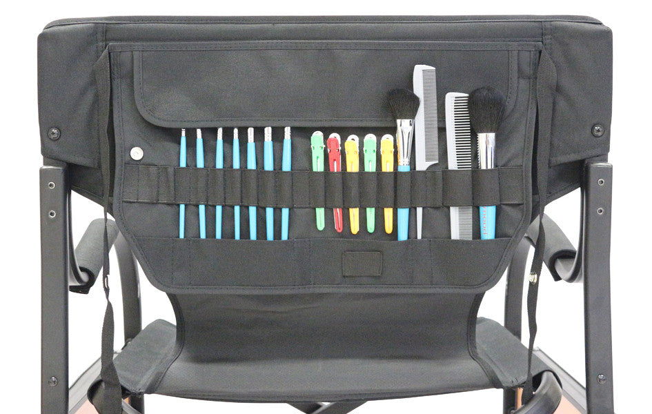 Detail shot of the removable brush holder organiser attached to the back of the Joiken Ivy chair
