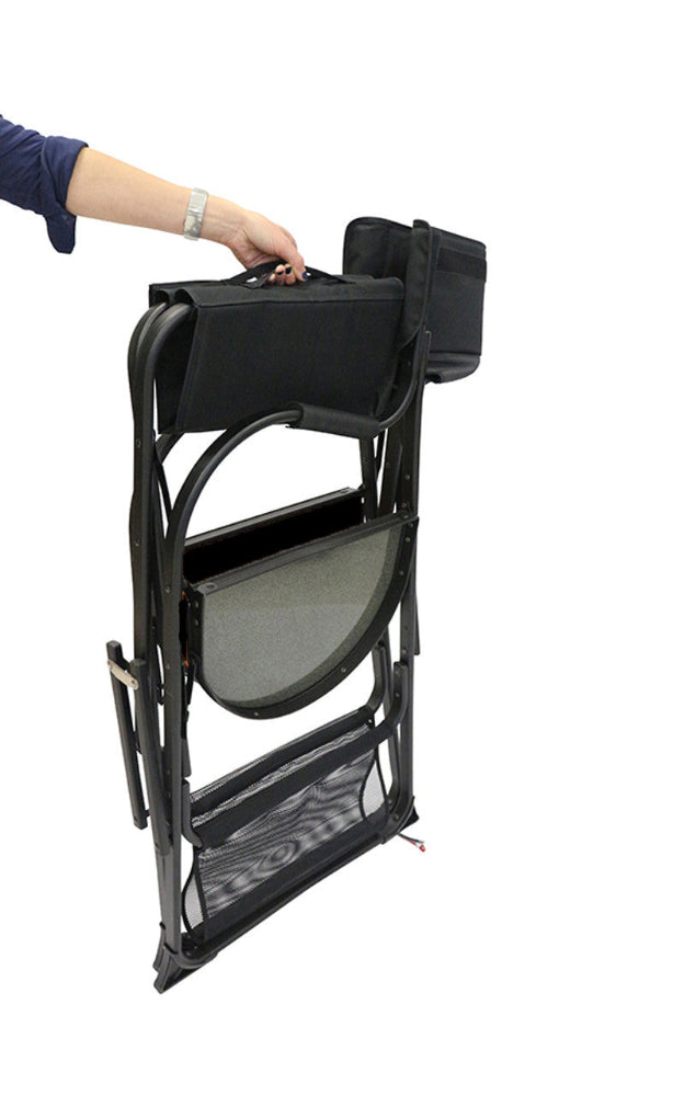 Side view of the Joiken Ivy makeup chair folded flat for easy transport
