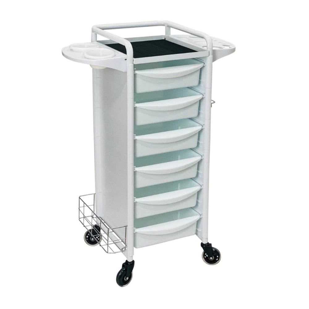 White Joiken Jasper 6 drawer salon trolley with side product holders and wheels