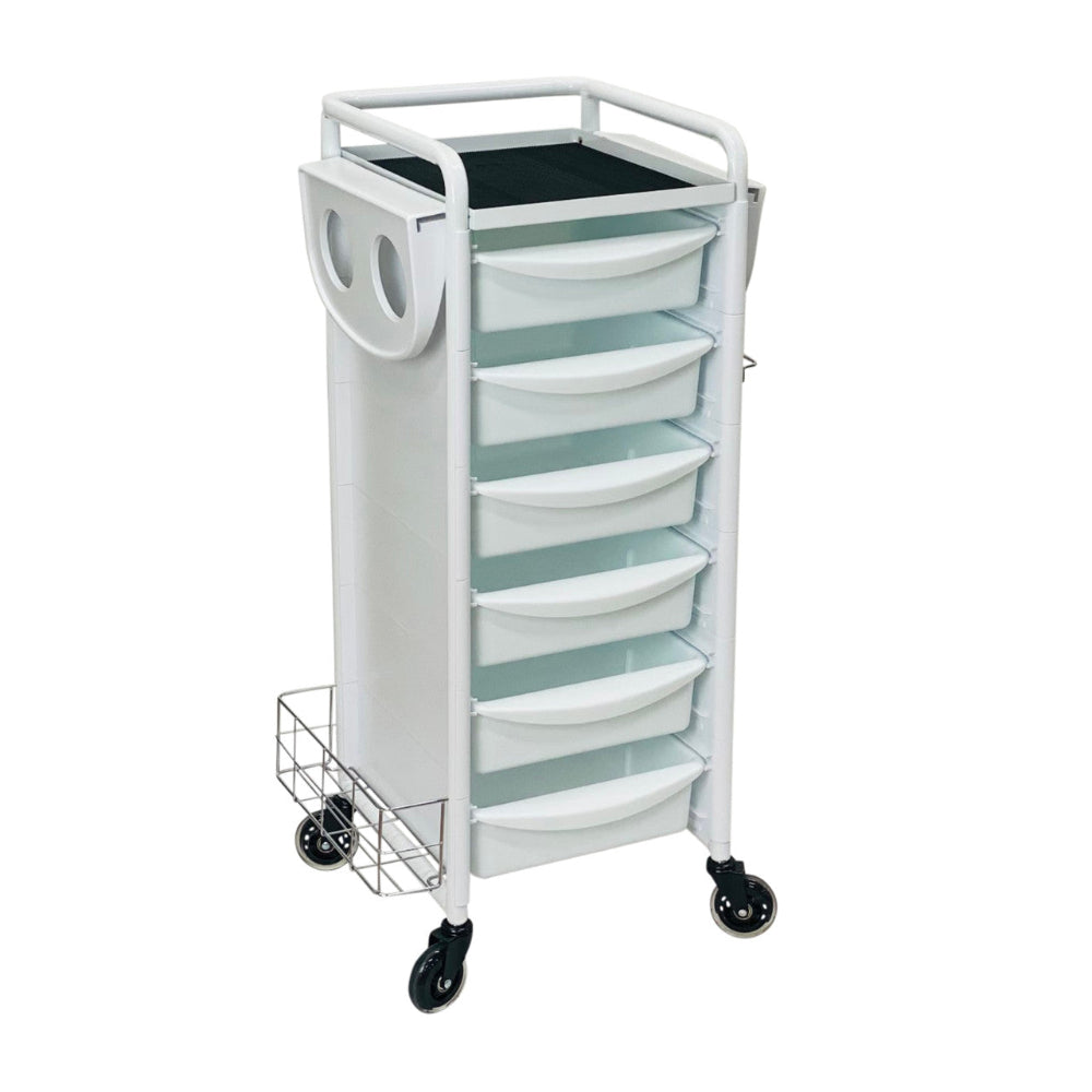 Side view of white Jasper salon trolley showing 6 deep storage drawers
