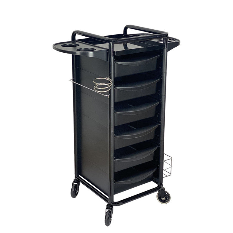 Angled view of the black Joiken Jasper 6 drawer trolley for hair and beauty salons