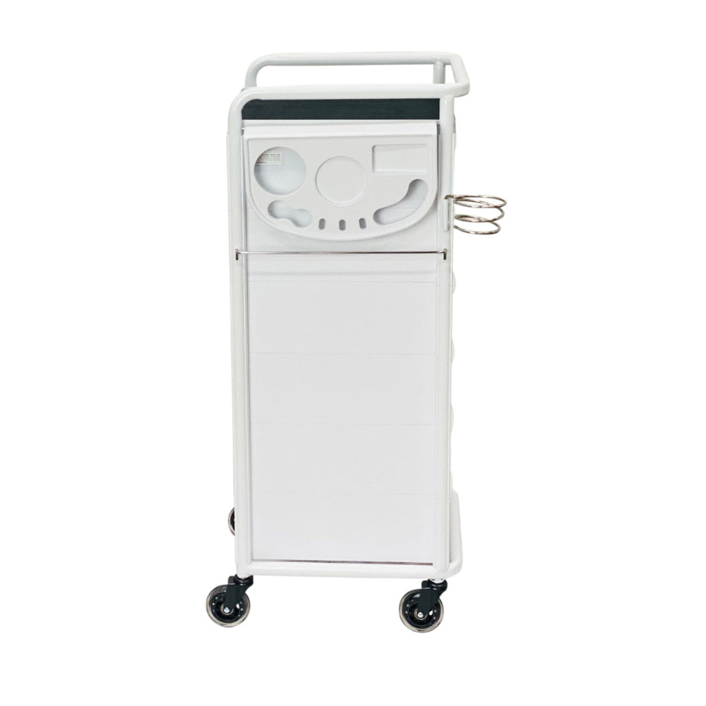 Rear profile of the white Jasper 6 drawer salon trolley