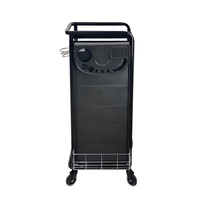 Side profile of the black Jasper salon trolley showing tool slots and basket
