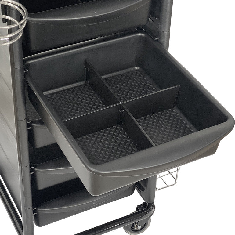 Close up of the Jasper salon trolley internal drawer with four compartment dividers