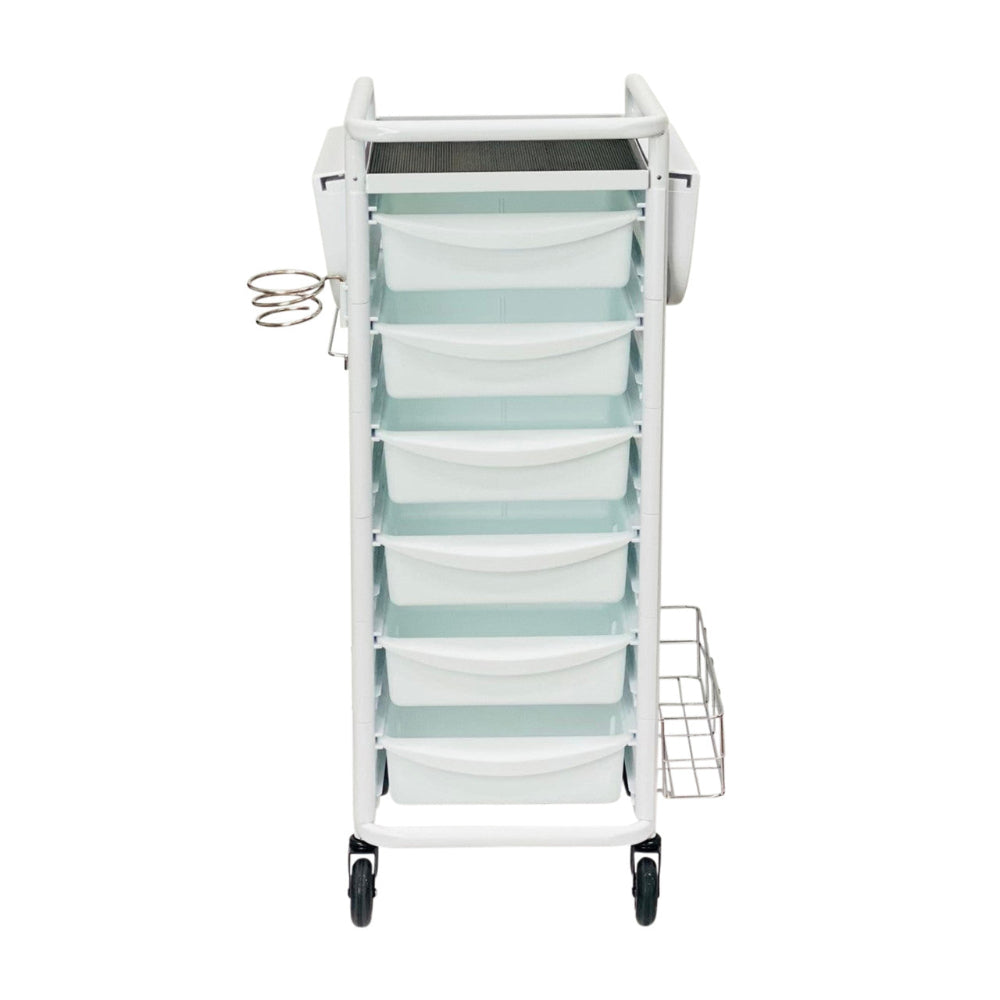 Front view of the white Jasper professional beauty trolley with flat top surface