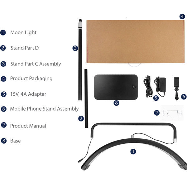 Product assembly list for the Joiken LED Moon Light including base, adapter, and smartphone holder