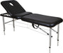Professional black aluminium portable treatment bed featuring adjustable height and face hole