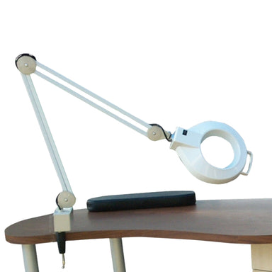 Joiken professional 5 diopter magnifying lamp with clamp attached to a salon desk