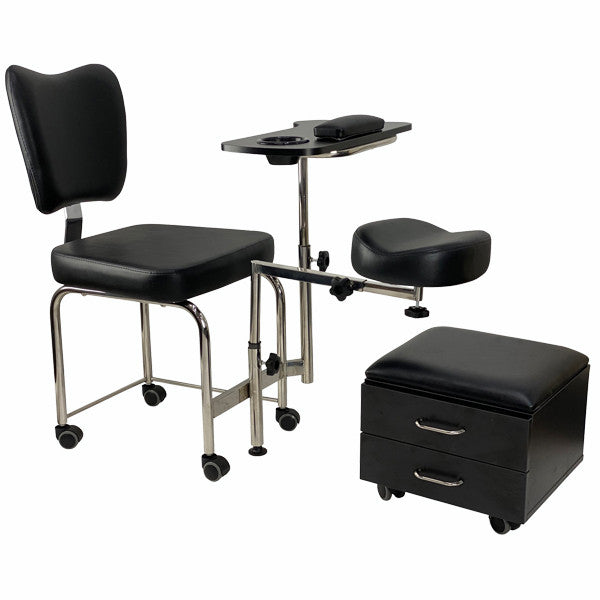 Side view of the Joiken 2-in-1 nail technician stool showing the durable stainless steel frame and mobile wheels
