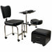 Side view of the Joiken 2-in-1 nail technician stool showing the durable stainless steel frame and mobile wheels