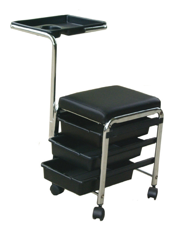 Joiken professional black manicure stool with integrated flat shelf and storage drawers