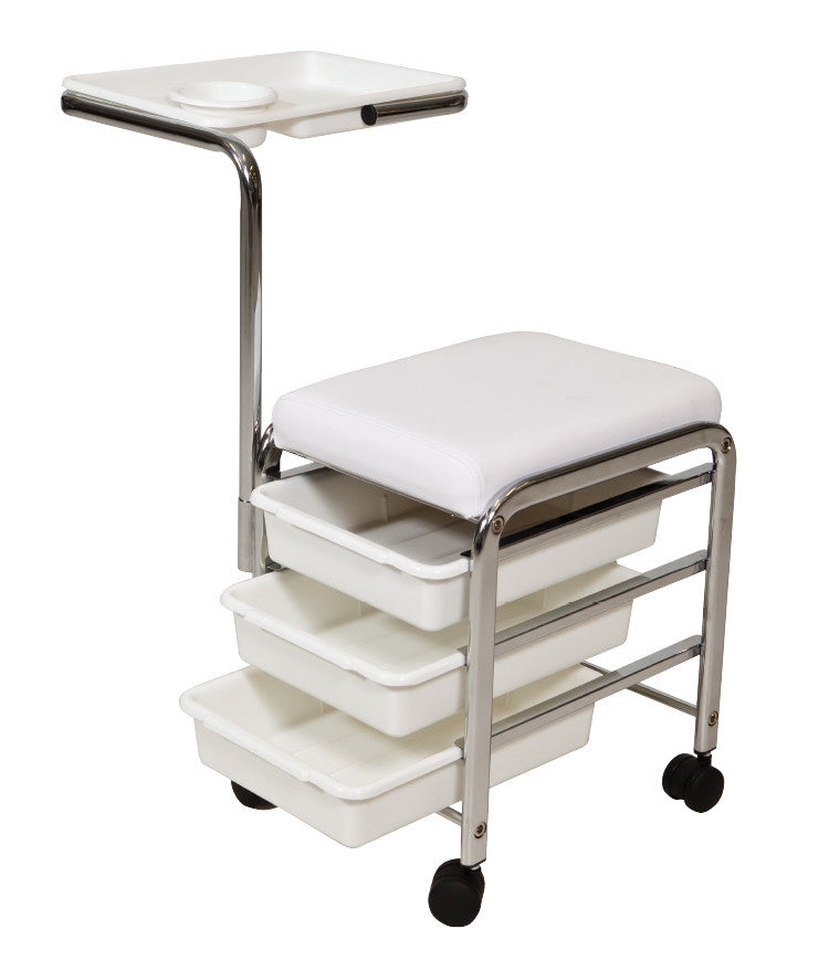 Joiken professional white manicure stool with three deep storage drawers and chrome frame