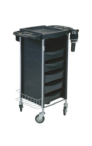Joiken Mars 6 drawer professional hairdressing and beauty trolley in black featuring side tool holders and easy-roll wheels