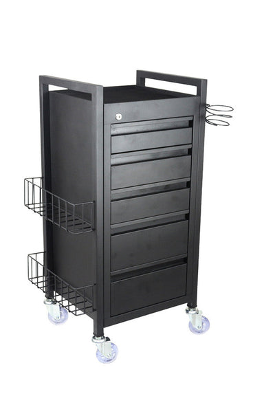 Front view of the Joiken Midnight 5 drawer black steel salon trolley with lockable drawers and side holders