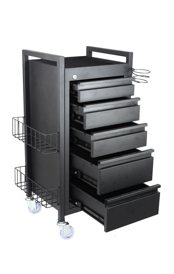 Joiken Midnight steel trolley with drawers open showing spacious storage for hairdressing and beauty supplies