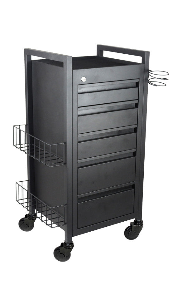 Side angle view of the professional Joiken Midnight beauty trolley featuring integrated dryer and tool holders