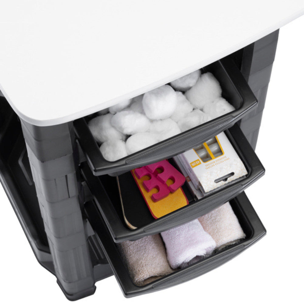 Joiken Muse manicure table drawers organised with cotton balls and professional nail supplies