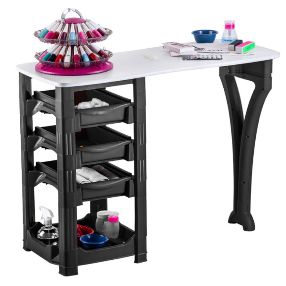 Joiken Muse Manicure Table styled with a nail polish rack and beauty tools for a professional salon environment