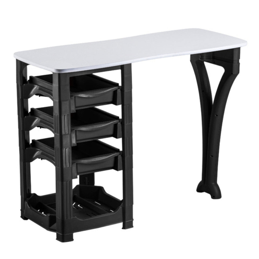 Joiken Muse Manicure Table in white and black featuring a large work surface and storage drawers
