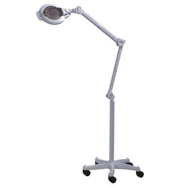 Full view of the Joiken Opal 252 LED magnifying lamp on a mobile five star wheeled floor stand for salon use