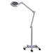 Full view of the Joiken Opal 252 LED magnifying lamp on a mobile five star wheeled floor stand for salon use